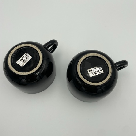 Vintage Newcor Stoneware 8oz Glossy Black Coffee/Tea Mugs Set Of 2, Thailand - Picture 5 of 13